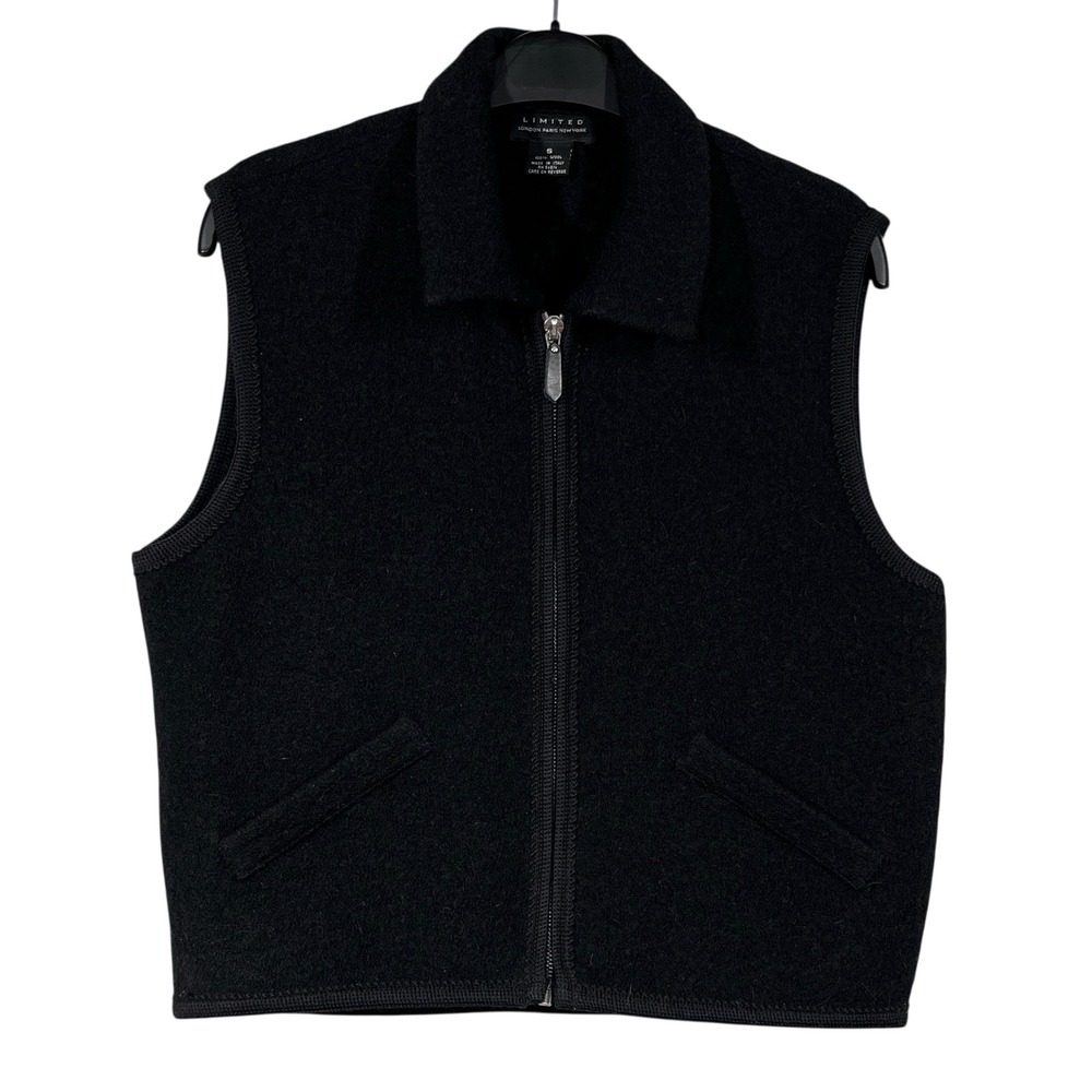 Vtg Limited 100% Wool Full Zip Vest Womens S Black Collared Waistcoat Italy Made